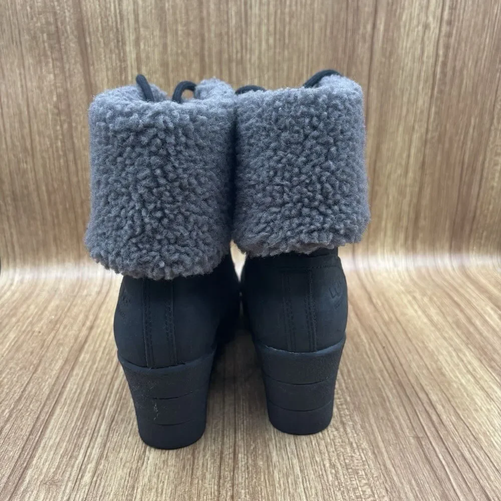 UGG Zea Waterproof Black Leather Gray Shearling Wedge‎ Heel Lace-Up Boots SIZE 8